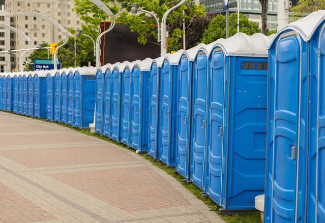 hygienic portable restrooms lined up at a music festival, providing comfort and convenience for attendees in Fanning Springs